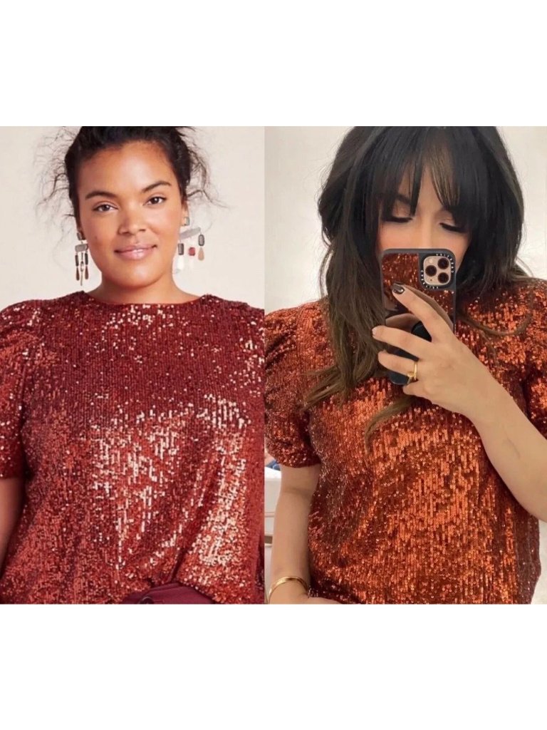 Anthropologie Womens Copper Puff Sleeve Sequin Top Size 18w Plus Orange Fa Exc